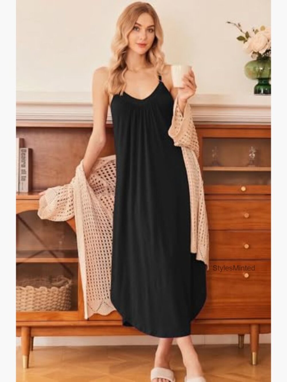 Sleeveless Full Length Nightgown Soft Lounge Dress V Neck Chemise - Picture 5 of 7